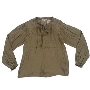 Philosophy Size Small Safari Green Satin Long Sleeve Blouse NWT Ruffle Tie Neck
